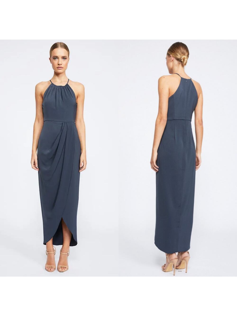 Shona Joy Dress Annalise Halter Draped Bridesmaids Wedding Elegant Gray Size 10